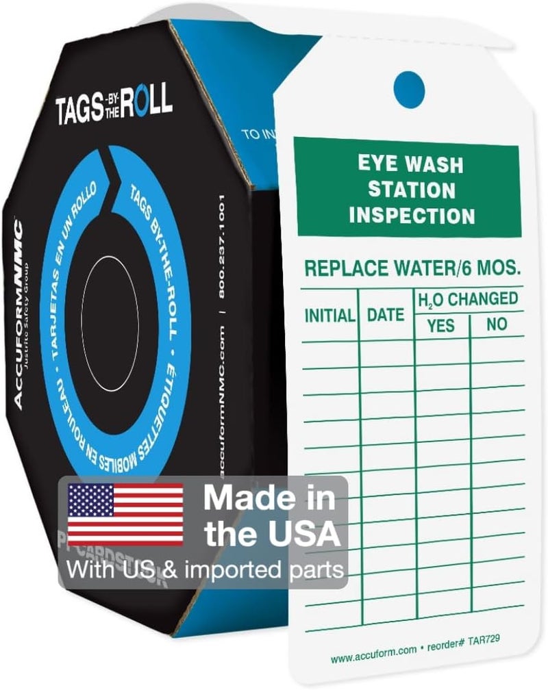 NMC AccuformNMC 250 Tags by-The-Roll, Eyewash Station Inspection Tags with Record, US Made OSHA Compliant Eye Wash Tags, Waterproof PF-Cardstock, Resists Tears, 6.25"x3", TAR729 - Image 1